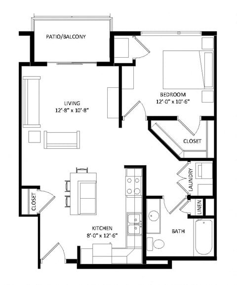 Floor plan for 1 bed, 1 bath, 741 sqft